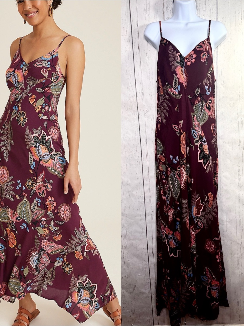 Maurices Burgundy Floral Maxi Dress Boho Cottagecore Slip Dress Whimsical M - Picture 1 of 16